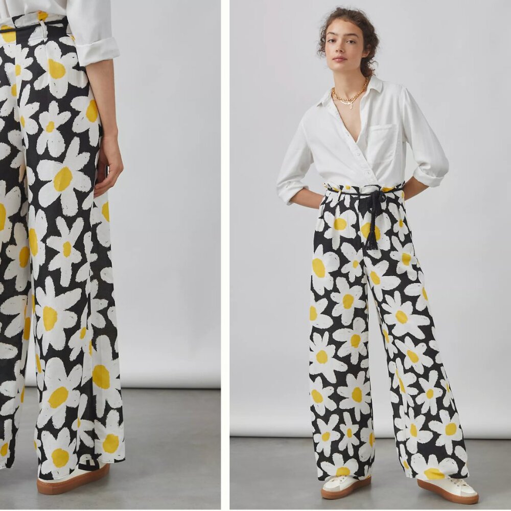 Sz L Anthropologie Farm Rio Black and White Floral Wide-Leg Pants